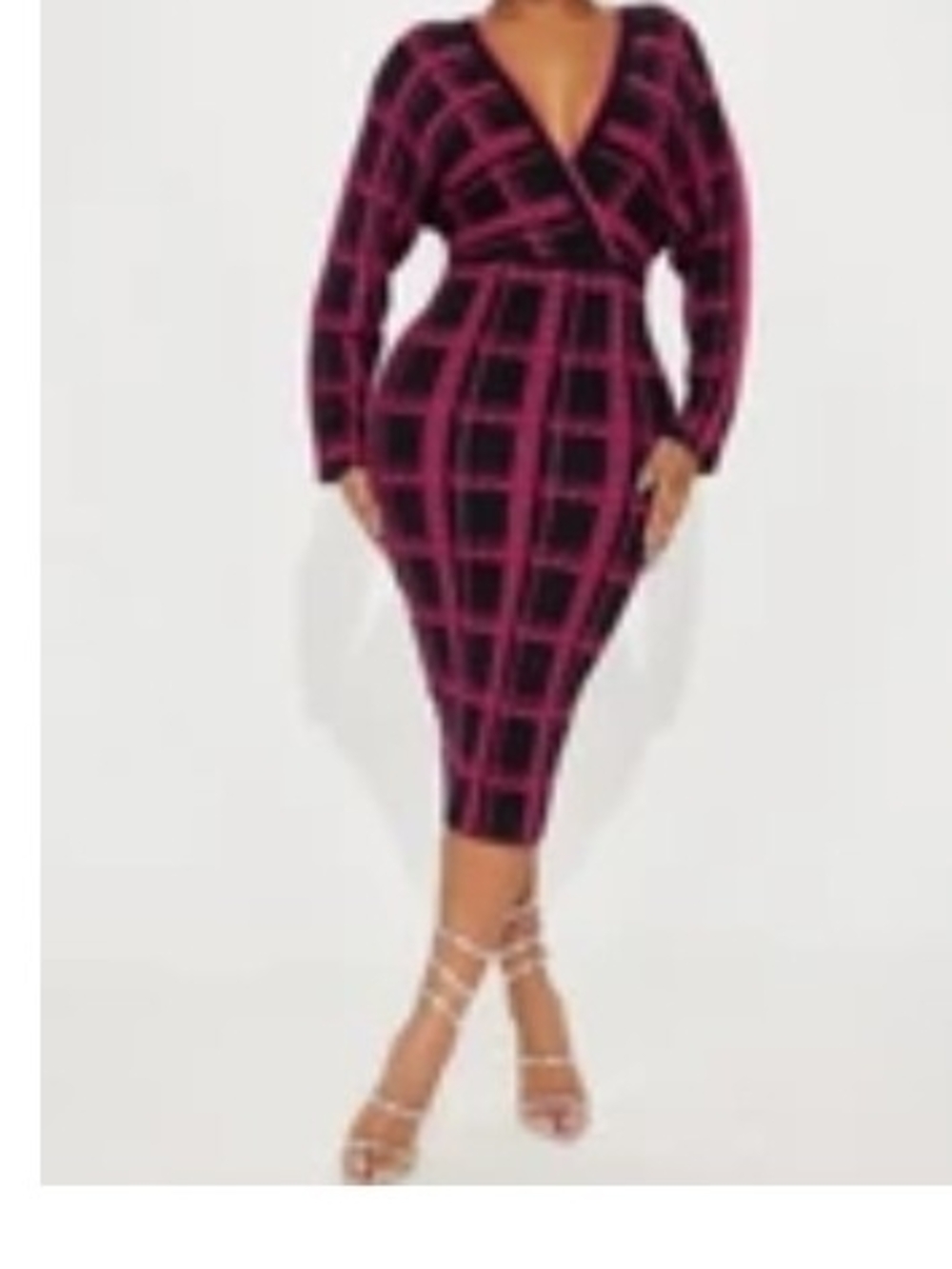 Fashion Nova Black & Pink Plaid Wrap Midi Sweater Dress